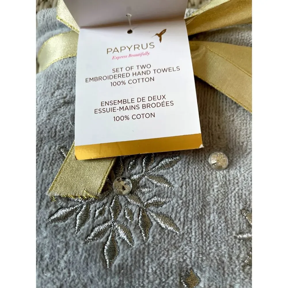Papyrus Embroidered SNOWFLAKE Hand Towels 18x28 Gray 100% Cotton Set of 2 New